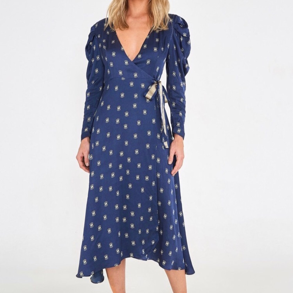Farm Rio Wink Wink Deep Blue Wrap Dress Size XS